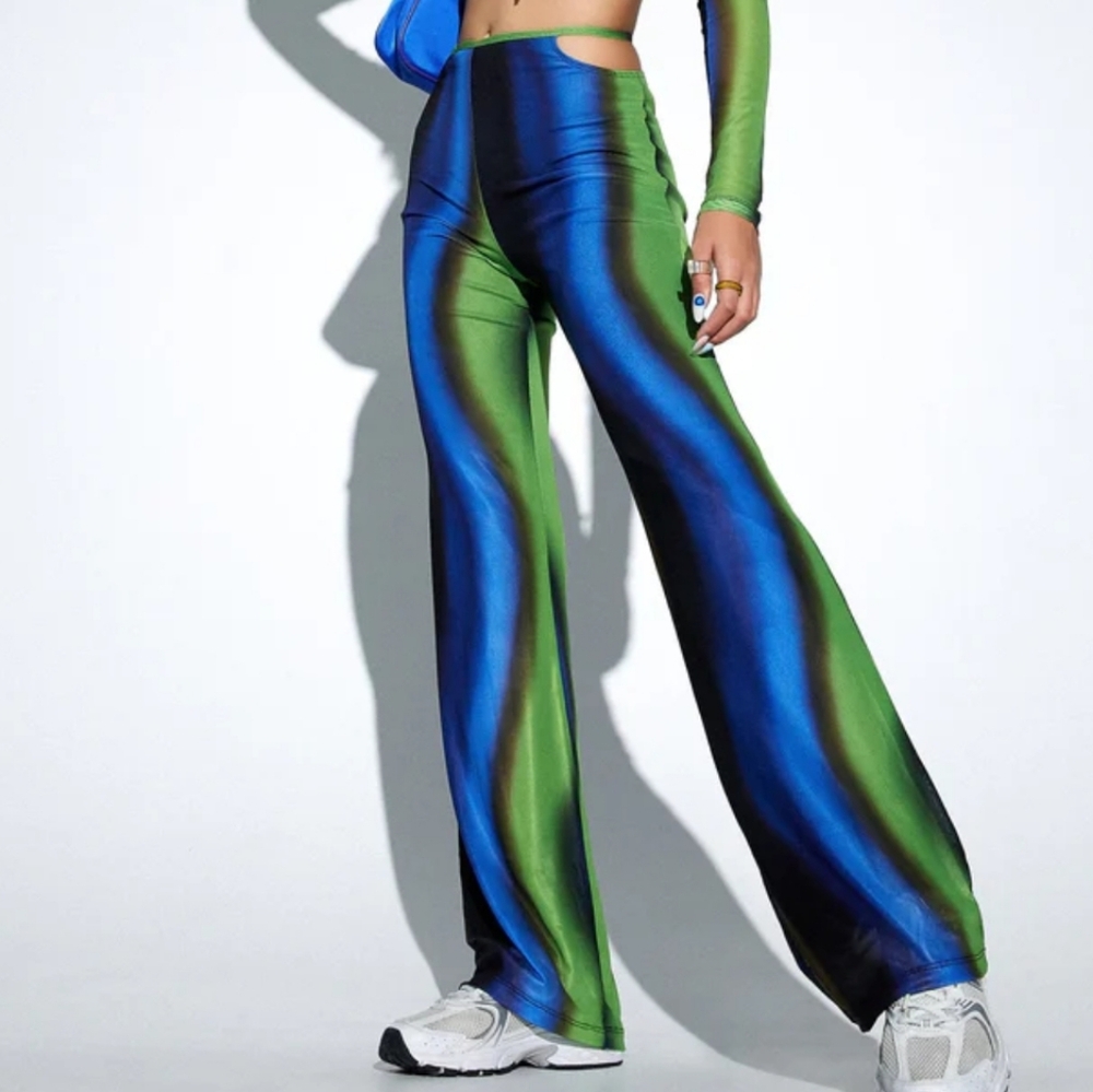 Motel x Olivia Neill green blue mares flare wide leg cut out pants size M medium